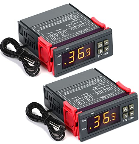 Fiada 2 Stück STC-3008 AC 110V-220V Digitaler Temperaturregler Celsius Thermostat Allgemein Digital Thermostat Temperaturwächter mit Sensor 2 Relaisausgang für Fermentation Heizung Kühlung (STC-1000)