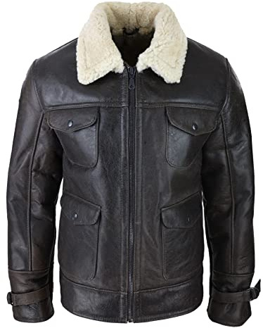 TruClothing.com Herren Lederjacke Shearling Schaffell Echt Braun Militär Warm Winter Braun Creme Schafsleder Jacke