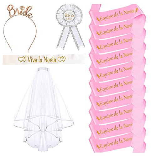 14 Pcs Set Despedida de Soltera Decoración Accessorios Despedida de Soltera Banda Viva la Novia Satin Sash Equipo de la Novia Velo Nupcial Insignia Novia Diadema Tiara Bride to Be