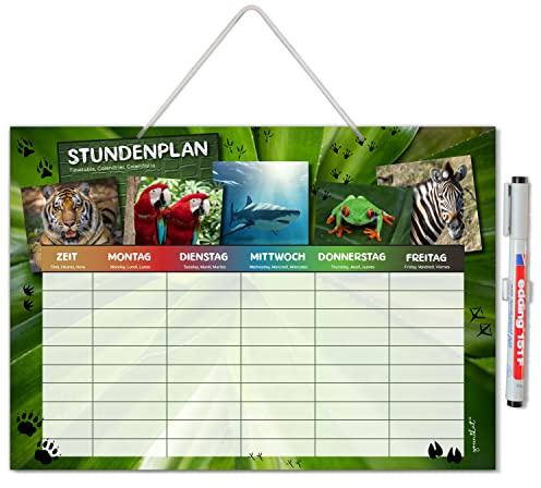 younikat Stundenplan abwischbar zum Aufhängen Tiere - DIN A4 - dv1225 | Wiederbeschreibbar, Digitaldruck, Whiteboard-Oberfläche, mit Aufhängung, zum Schulanfang, Einschulung, inkl. Stift