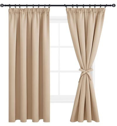 DWCN Gardinen Blickdicht 2er Set Beige Vorhänge mit Kräuselband | 137x117cm(HöhexBreite), 2er Set, Verdunkelungsvorhänge Schlafzimmer Kurze Gardinen Vorhänge Küche mit Vorhang-Krawatten