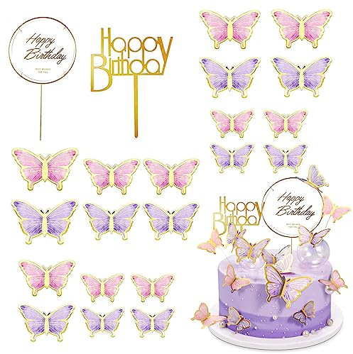 20Pcs Mixed Colored 3D Butterfly Cake Topper Mixed Size Butterfly Cupcake Toppers Cake Decorations with 2 Happy Birthday Cake Topper for Birthday Theme Wedding Party Supplies Wall Decoration