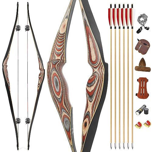 HNZMDY Bogenschießen 58 Traditioneller Recurve Bogen Jagdbogen Langbogen Handgemachte Rechte Hand Linke Hand zum Zielen auf Jugendliche und Erwachsene Bogen Set 20-55lbs (35lbs, Linke Hand)