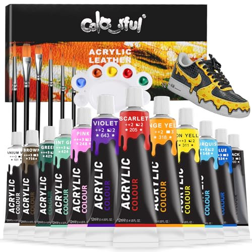 Colorful Pintura acrílica para cuero de 12 colores, tubos de 12 ml, 6 pinceles, 144 ml, pintura de zapatos, decoración de bolsas y carteras, cuidado de chaquetas