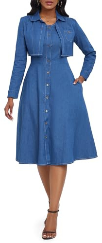 VERWIN Robe en Jean en Deux Pièces avec Vestes - Robe Midi à Manches Longues avec Boutons - Tenue de Fête, bleu, XXL