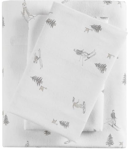 SLEEP PHILOSOPHY True North Flannel Sheets Queen Size, Cozy 100% Cotton Flannel Bed Sheets, Ultra Soft Cute Sheet Set, Elastic Pocket Fits Up to 14 Mattress, Skiiers 4 Piece