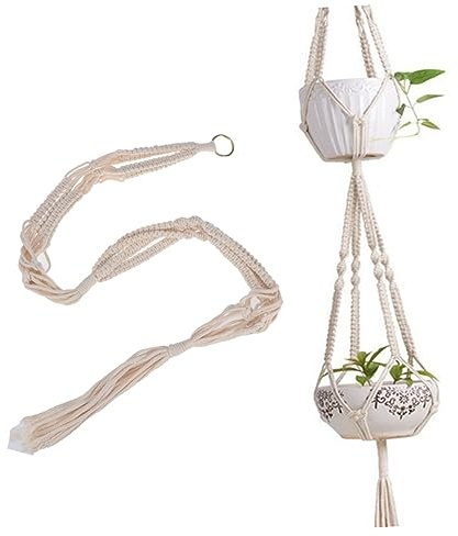 SEWOART Colgador Doble de Macramé para Plantas Cuerda de Algodón Beige, Soporte para Macetas Redondas y Cuadradas, Decoración Delicada para Interior y Terraza