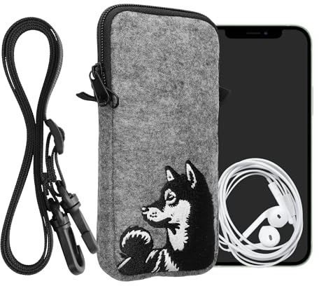 kwmobile Handytasche für Smartphones XXL - 7 - Filz Handy Hülle Schwarz Weiß Grau - Handy Tasche mit Kette 17,7 x 8,5 cm Innenmaße - Shiba Hund