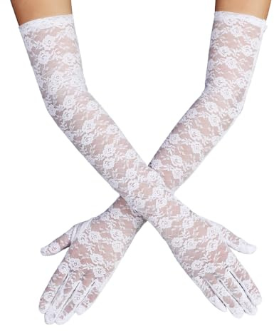Lusofie Long Lace Gloves for Women 80s Floral Opera Gloves Ladies Bride Glove for Wedding Evening Party Halloween Costumes Masquerade (White)