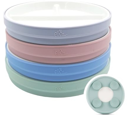 Elk and Friends 7,8 Zoll große, unterteilte Porzellanteller für Kinder mit Silikon-Saugmanschetten. Geeignet für Kleinkinder. Mikrowellen- und spülmaschinenfest. Rutschfeste Snackteller.