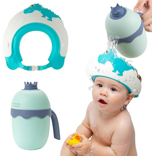 FUNUPUP Duschhaube Kinder mit Haarwaschbecher, Haarwaschhilfe Kinder Baby Haare Waschen Schutz (Dinosaurier Blau)
