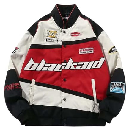 Herren Vintage College Jacke Casual Baggy Baseball Gebatikt Hip Hop Streetwear Mode Stehkragen Racing Motorcycle Jacket mit Tasche Knöpfe Unisex Leicht Atmungsaktiv Sportjacke