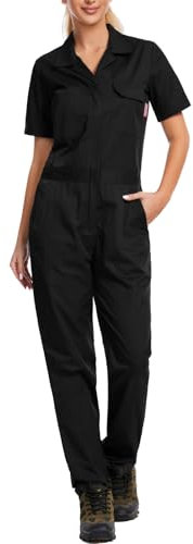 WORK IDEA Women's Short Sleeve Coverall Lightweight Snap-Front Cotton Work Jumpsuit, Black, M