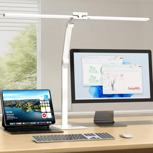 KableRika 24W Lampe de Bureau LED avec Métal Base: 80cm Double Tête, Grande Lampe Bureau design, réglage intensité, lumiere bureau protection des yeux pour ecran pc, dessin, deux bureaux, puzzle-Blanc