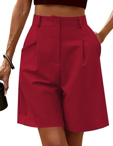 Zeagoo Bermuda Pantaloncini Pantaloncini Donna Casual Elasticizzati a Vita Alta Gamba Larga Pantaloni Corti Lavoro Estivi Rosso Scuro XL