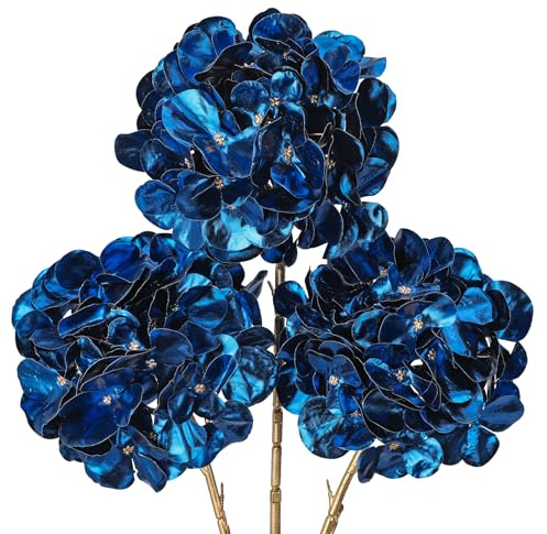 Oairse 3 Pcs Blue Artificial Hydrangea Flowers Stems 65cm Faux Christmas Flower Arrangements Fake Floral Picks for Christmas Decorations Holiday Wedding Party Table Centrepieces Décor