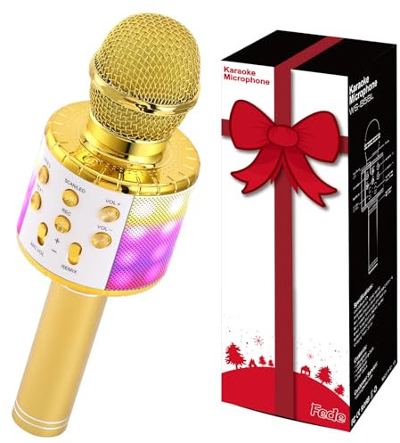 Fede Microphone Karaoké sans Fil Bluetooth avec Lumière LED Multi Couleur, Micro à Main Portable Haut-Parleur pour Enfants/Adultes Chanter, Compatible avec Android/iOS/PC/Smartphone