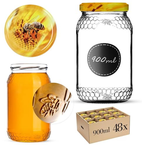 KADAX Lot de 48 bocaux à miel de 1260 g (900 ml) avec couvercle de 82 mm de diamètre pour aliments, miel, confiture, fruits, bocaux de conservation, verre à visser neutre, miel d'apiculteur (abeille