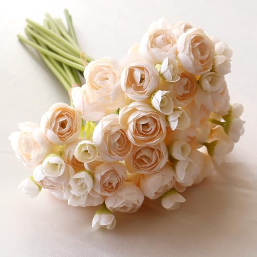 18pcs Indoor Artificial Flowers Bouquet for Vase, Lifelike Silk Ranunculus with Bendable Stems Floral Arrangement for Home Decor, Wedding, DIY Craft, Party, Office, Centerpiece, Farmhouse (Champagne)