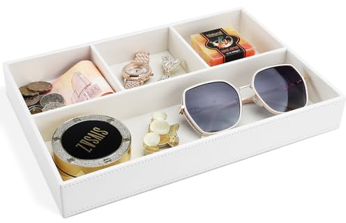 GORESE Bandeja de Valet Cuero, Bandeja Organizador de Escritorio Bandeja de Almacenamiento Aparador Organizador, Captura para Llaves,Teléfono,Billetera,Moneda,Joyería y Mesa de Noche(Blanco Marfil)