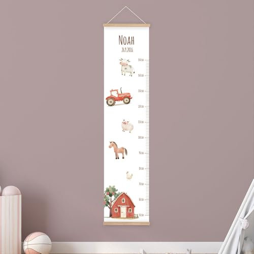 Personalisierte Messlatte Kinder Bauernhof – mit Namen – 50-150 cm – Tiere Deko fürs Kinderzimmer – Wandtattoo ohne PVC – Wachstumstabelle Baby & Kind – Geschenk zur Geburt oder Taufe (Zum Aufkleben)