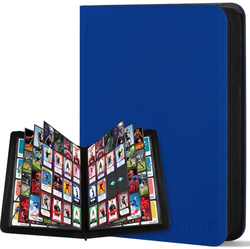 WITHYU Album da Collezione per Carte 16 Tasche - Capacità 1024 Carte, Portacarte Impermeabile & Resistente con Tasche Laterali per TCG/Gioco/Sport, Design Senza Anelli con Zip (Blu Scuro)