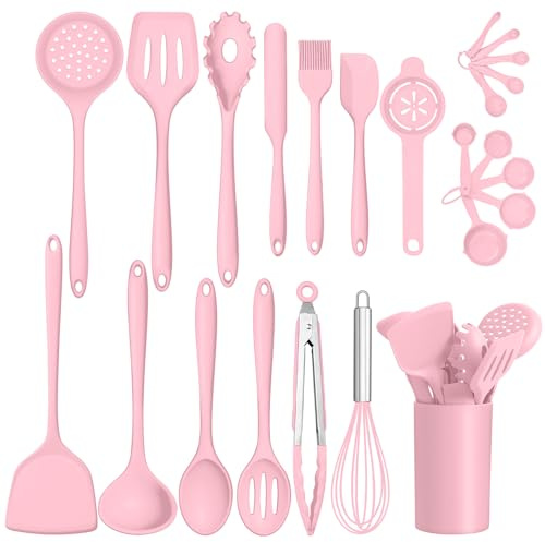 Kitchen Utensils Set, Homikit 24 Piece Silicone Cooking Utensils Set with Holder, Non-Stick Spatula Spoons Turners Safe for Cookware, Healthy, Heat Resistant & Dishwasher Safe - Pink