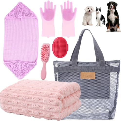 Spindro Toallas para secar perros, kit de aseo de baño para mascotas, juego de toallas de baño súper absorbentes y suaves para mascotas con cepillo para el pelo, toalla de microfibra, guantes de
