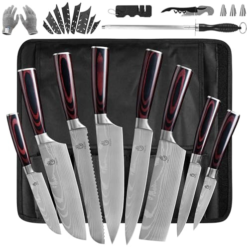 FULLHI Knife Set, Japanese Knife Set, Stainless Steel Kitchen Knives Set Chef Knife Set with Roll Bag (Coffee Wood)
