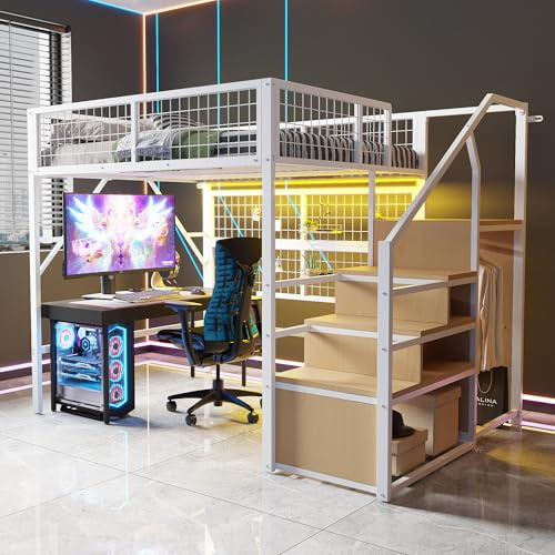 Merax Hochbett aus Metall 140x200 cm, mit LED-Band APP, Leiter-Aufbewahrung und offenem Schrank, Platz unter dem Bett, für Kinder und Jugendliche, Weiß (ohne Matratze)