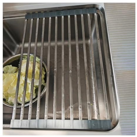 Escurreplatos Plegable Enrollable de Acero Inoxidable con Tubos Cuadrados for Fregadero de Cocina, de 37/40/43/45/47/50/52 cm(Gray,52x43cm/20.5x16.9in)