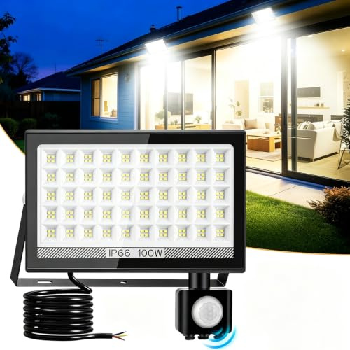 T-SUN LED Strahler mit Bewegungsmelder Außen, 100W 10000LM,200LEDs Fluter | Superhell aussenlampe,IP66 Wasserdicht Wandleuchte,6000K Kaltweiß LED Außenleuchte für Garten Garage Sportplatz Hof Hinterhof