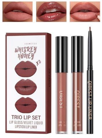 Desing Wish 3 Pezzi Rossetto Lunga Durata Nudo Opaco Kit Matita Labbra Rossetti Set Lucidalabbra Matite Labbra Rossetto liquido Lipgloss Lipstick Matte Trucco Trucchi Ragazza Donna Regalo