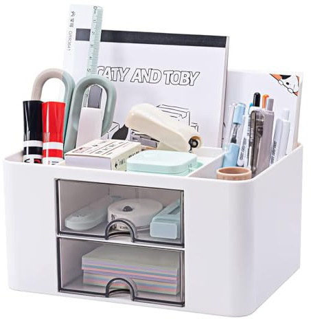 ESSOSWAY Schreibtisch Organizer - mit Stiftehalter - für Kosmetik - 5 Sortierfächer und 2 Schubladen - Büro Home Office Zubehör - Weiß