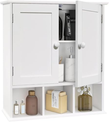 UYIHOME Badezimmerschrank hängend, Medizinschrank, 2-türig, 13x56x58cm,Weiß | offene/geschlossene Fächer (Magnet), 3-fach verstellbar, platzsparend, Anti-Kipp, pflegeleicht. Für Bad, Küche, Wohnraum.
