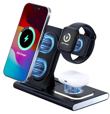 Cargador Inalámbrico 3 en 1, Estación de Carga Rápida 15W Plegable para iPhone 16/15/14/13/12/11/X/8, Samsung S24/S23/S22, Soporte de Carga para Apple Watch 10/9/8/7/SE/Ultra y AirPods Pro/3/2
