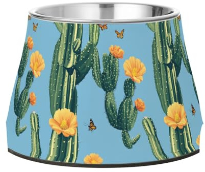 Retro Cactus Blue Feeder Dogs Bowls Non Slip Stainless Steel Feeder Pets Bowl for Slow Feed Cats Whisker Relief
