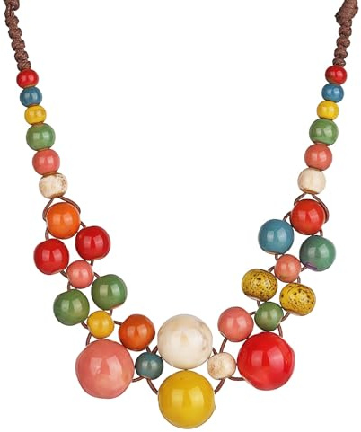 Vesavifaka Boho Hippie Vintage Keramik Perlenkette für Damen, Auffällige Bunte Perlen Boho Modische Statement Kette Schmuck Geschenk für Frauen, Sommer Winter Thanksgiving Christmas Halskette