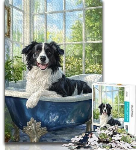 Puzzle für Erwachsene und Jugendliche, 1000 Teile, Border Collie in der Badewanne, Spielzeug, Lernspiele, Stressabbau, Künstlersammlung, Bildende Kunst, 38x26cm