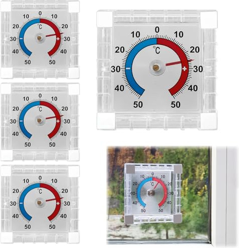 4 Pack Analogue Window Thermometer 7.5x7.5cm, Weatherproof Self-Adhesive Outdoor Thermometer with Red & Blue Dials, for Transparent Surfaces, Accurate Temperature Measurement