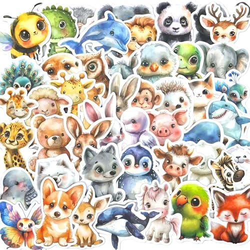 ZIENZENGYA Sticker Kinder, 50 Unikate Illustration Tiere Aufkleber, Wasserfeste Aufkleber für Laptop, Wasserflasche, Skateboard, Gepäck & mehr