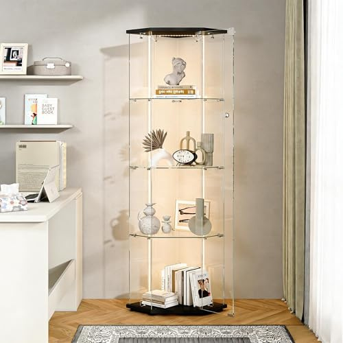 PerGar Vetrina in vetro con LED, vetrina angolare con ante in vetro, a 4 livelli, armadietto, vetrina, castello, per soggiorno, camera da letto, ufficio (striscia luminosa a LED, nero)