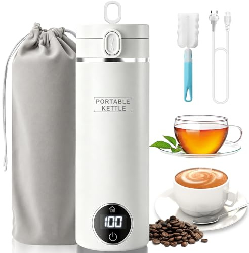Wasserkocher Klein 316 Edelstahl 0 5 liter, Thermoskanne Baby Unterwegs Schnelles Kochwasser mit 6 Temperatureinstellungen, Mini Camping Reisewasserkocher Kaffeemaschine Heißwasserspender Kettle, Weiß