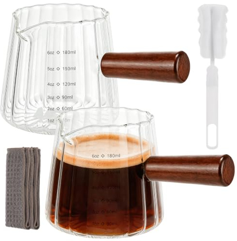2 Pcs Espresso Cups, 180ml, Dual Scale, Glass, with Wooden Handle, Cloth | Espresso Glasses, V-Shaped Spout, with Sponge, for Latte, Cappuccino, Milk, for Home Barista, Cafe Shop, Kitchen Counter