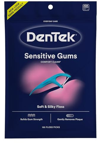 DenTek Comfort Clean Sensitive Gums Floss Picks, Soft & Silky Ribbon Floss, Gentle on Teeth and Sensitive Gums (150 Picks)