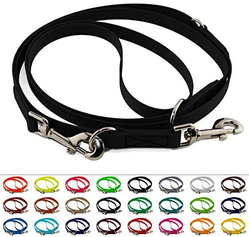 Mehrfach verstellbare BioThane Führleine, 19mm breit, 5m lang, Schwarz, genäht, Doppelleine
