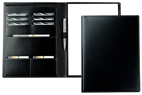 DELMON VARONE - Personalisierbare Schreibmappe DIN A4 aus Cambridge Top Grain Leder schwarz, Organizer Konferenzmappe mit Notizblock, Stiftschlaufe & Einsteckfächer, Elegante Business Dokumentenmappe