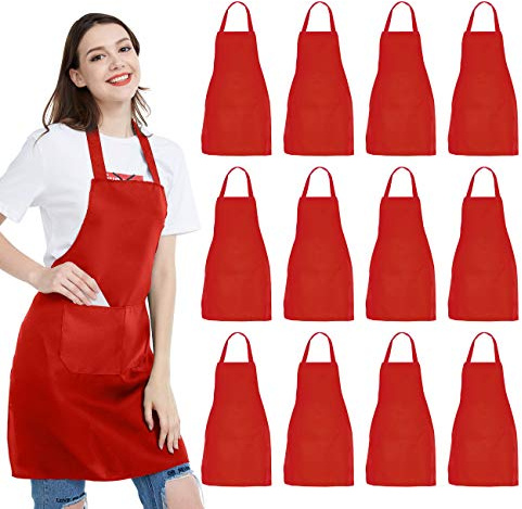 NOBONDO 12 Pack Bib Apron - Unisex Red Apron Bulk with 2 Roomy Pockets Machine Washable for Kitchen Crafting BBQ Drawing
