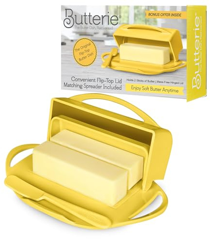 Butterie Flip Top Butter Dish with Attached Lid & Matching Knife - Holds 2 Sticks, Fits Kerrygold/European Butter - BPA Free & Dishwasher Safe - Yellow