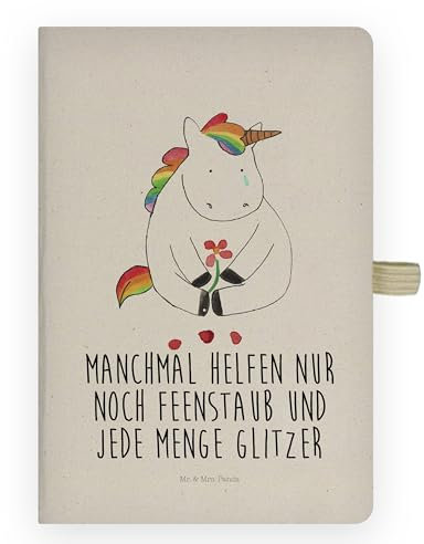 Mr. & Mrs. Panda DIN A4 Baumwoll Notizbuch Einhorn Traurig - Geschenk, Unicorn, Glitzer, Freunde, Planer, Kariert, Liniert, Einhörner, Blanko, Blume, Liebe